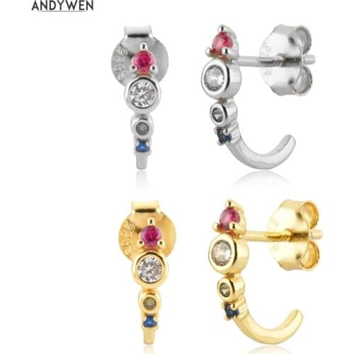 ANDYWEN 925 Sterling Silver Gold Circle Luxury Zircon CZ Tiny Hoop Piercing Women Pin Luxury CZ Simple Small Jewelry Gift