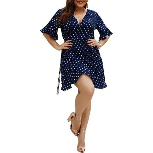 Plus Size Summer Short Sleeve Women Polka Dot Deep V Short Sleeve Above Knee Bandage Cross Hem Mini Dress