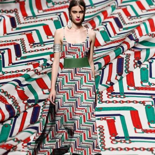 Red Raspberry 12momme Red Green Chain Printed Silk Crepe De Chine Fabric 100%Silk Materials Women Dress Shirt Cloth Freeshipping