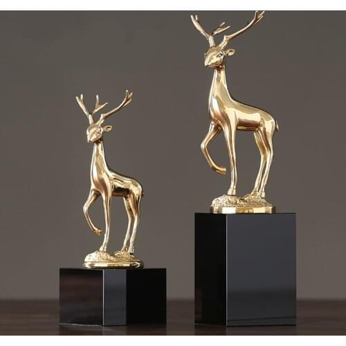 Golden Brass Deer Statue Black Crystal Base Collectable Table Decor Scultpture Home Decoration Golden Gift Copper Elk Figurine