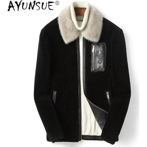 AYUNSUE Mens Clothing Winter Jacket Men Fur Coat Real Sheep Shearing Jackets 100% Mink Fur Collar Parkas Erkekler Ceket LXR559