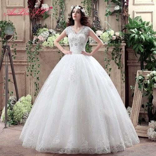 AXJFU princess flower lace white wedding dress vintage v neck beading flower crystal sleeveless turkey party bride wedding dress