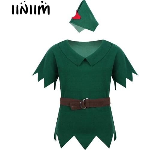 Kids Boys Clothing Robin Hood Outfit Costumes T-shirt with Hat Belt Halloween Cosplay Party Boy for Fancy Carnival Dress Up