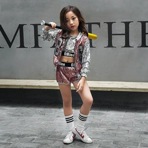 Kids hip hop clothing crop tops shorts and sequin jacket street dance suit Girls hip hop costumes dance wear