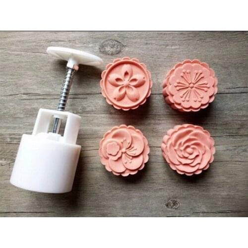 125g white round shape flower patten Moon Cake Molds with 4 Stamps plastic hand pressure bath bomb mould,20sets/lot