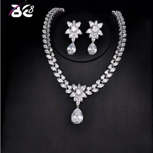 Be 8 Luxury Flower Shape Crystal CZ Stone Around Necklace Earring Set Women Jewelry Set Wedding Dress Accessories S134
