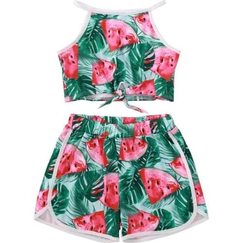 Baby Kids Girls Summer Clothes Set Watermelon Leaf Print Toddler Outfits Sleeveless Vest Top Floral Shorts Set Children Clothing