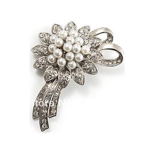Beautiful Rhodium Silver Plated Clear Rhinetone Crystal and Ivory Pearl Flower Bow Brooch for wedding