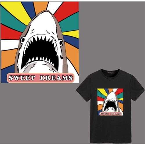 Cool Patch Iron on Shark Patches for Clothing DIY T-shirt Applique Heat Transfer Stickers Stripes on Clothes Thermal Press Cheap