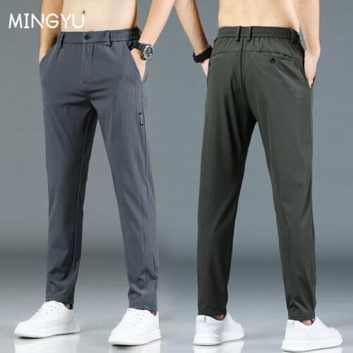 Mingyu Summer Mens Casual Pants Men Trouser Male Pant Slim Fit Work Elastic Waist Green Grey Light Thin Cool Trousers 28-38