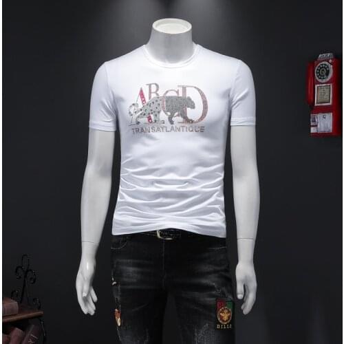 Leopard Rhinestone Print T Shirt Men Summer Fashion White Plus Size O-Neck Tops Tee