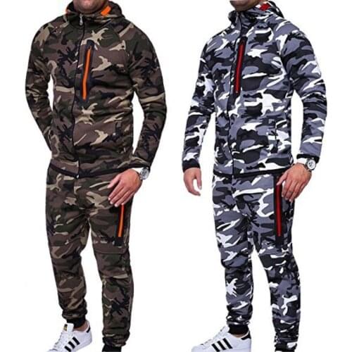 2018 New Men Slim Sport Hoodies and Pants Camouflage Hoodies Suit Zipper Sweatshirt and Pants Long Sleeves Training Trousers