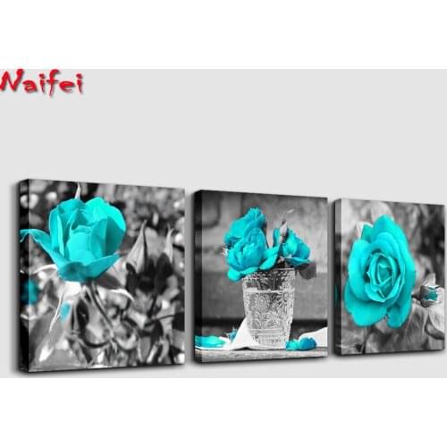 Black and White Blue Rose Flowers 5d round Diamond Embroidery diamond painting full Square drill cross stitch mosaic 3 piece set
