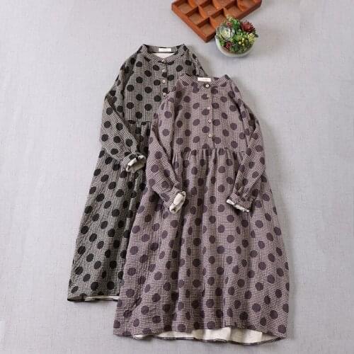 New Spring Women Dress Japan Style Polka Dot Print Loose Mori Girl Stand Collar Cotton Long Sleeve Midi Dress Women