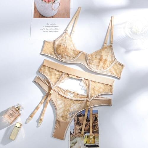 Plaid Sexy Sensual Lingerie Woman Underwear Set Push up Underwire Bra Erotic Lingerie Set Beige Brief Sets Lace Lingerie Sexy