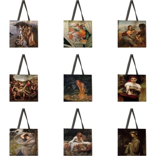 Folding shopping bag oil painting girl lady shoulder bag female leisure handbag outdoor beach bag female tote bag