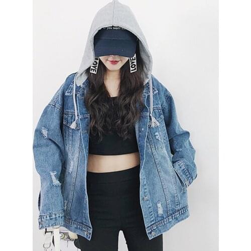 Ladies Autumn Fake Two Pieces Denim Jacket Female Vinatge Fashion Long Sleeve Hooded Overcoat Casual Loose Letter Outerwear Z247