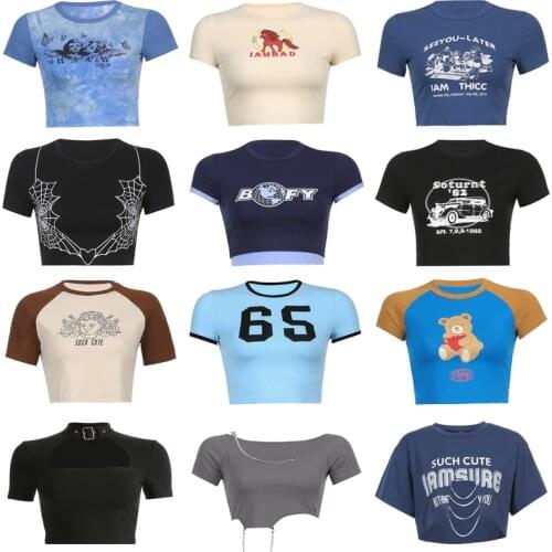 Y2K Womens Casual Short Tee Shirt Slim Women T-shirt Punk Grunge Streetwear Ladies y2k Crop Top Tshirt Harajuku Clothes tee top