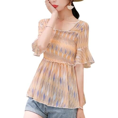 Summer Shorts Sleeves Blouses Shirt 2021 Women New Fashion Chiffon Print Shirt Top Chiffon Womens Clothing