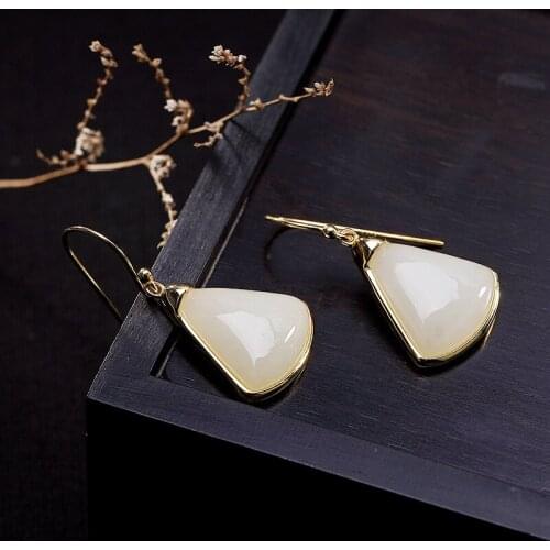 L&P 925 Sterling Silver Hetian White Jade Drop Earrings for Woman 925 Silver Long Women Earrings Yellow Gold Color Brincos