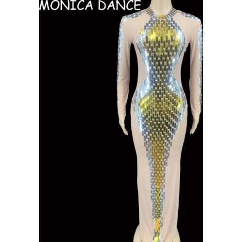 Women Sexy Stage Sparkly Rhinestones Sparkly Sequin Dresses for Women See Through Long Mesh Dress Evening Nightclub Dress