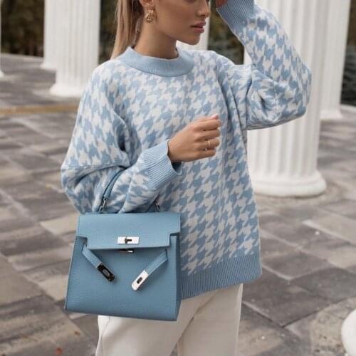 Women Geometric Blue Knitted Sweater Women Casual Houndstooth Lady Pullover Sweater Female Autumn Winter Retro Jumper Top 2021