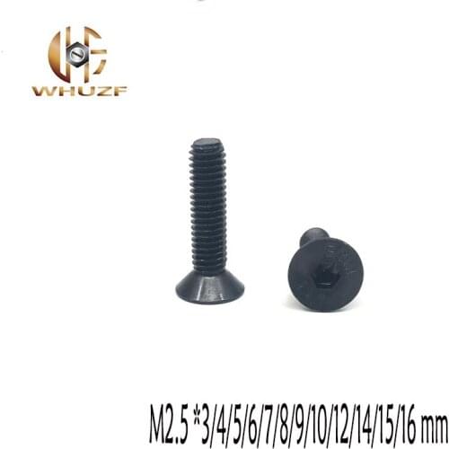 100pcs 10.9 Grade M2.5 *3/4/5/6/7/8/9/10/12/14/15/16 mm Steel Flat Countersunk Head Drive black Hexagon Socket Cap Screw Bolt