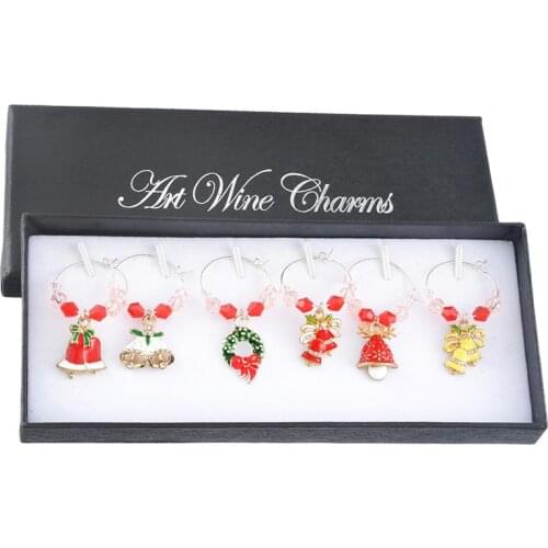 6pcs Cup Ring Christmas Bell Style Wine Glass Decor Party Wine Glass Cup Tag Xmas Bell Pendant Crystal Wine Glass Tag Circle