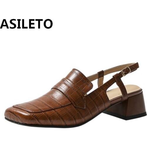 ASILETO 2021 Retro Ladies Pumps Square Toe Alligator Texture Back Strap Slingbacks 4.5cm Chunky Heel US10 11 Brown Beige A4328