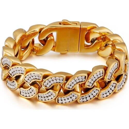 Men Jewelry bling Gold Cuban Miami Chain Bracelet Solid Stainless steel Bangle Full Crystals 156g heavy 20mm 8.66