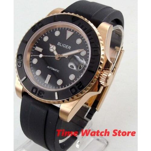 BLIGER 40mm Luxury Quality mechanical automatic miyota watch men Gold rubber strap black brown dial ceramic Bezel sapphire glass