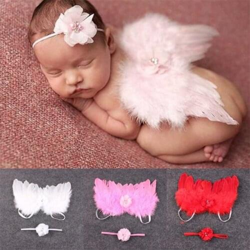 Girl Newborn Baby Kids Flowers Feather Lace Headband & Angel Photo Prop C5AF