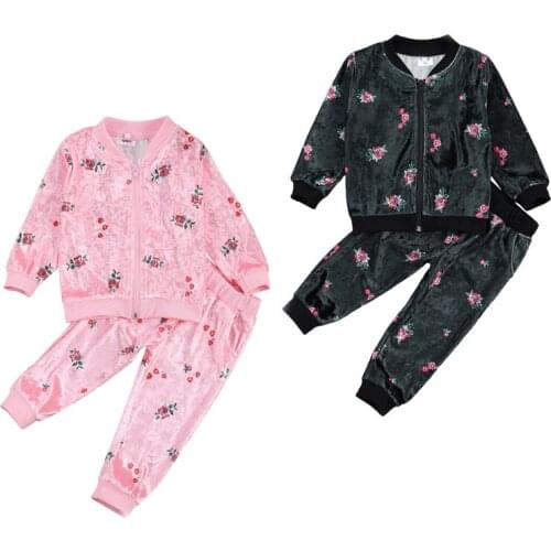 FOCUSNORM Autumn Winter Infant Kids Girls Clothes Sets Velvet Flowers Print Long Sleeve Zipper Jacket Top Pants 2pcs Outfit 2-7Y