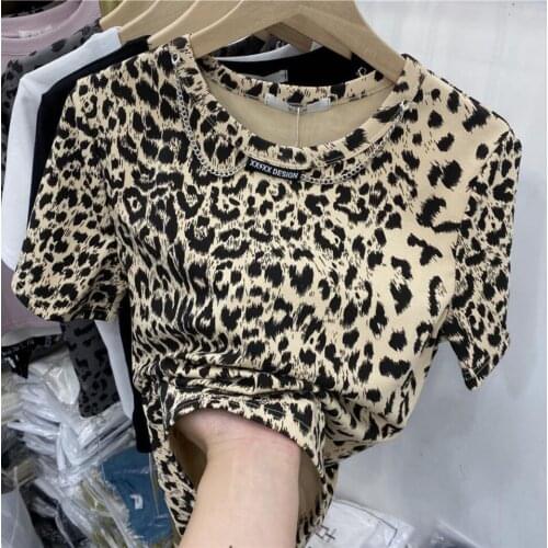 New Fashion Women T Shirt Leopard Black Gray Print Tee Shirts Female Short Sleeve Tops Tee Harajuku 90s Girls Tees