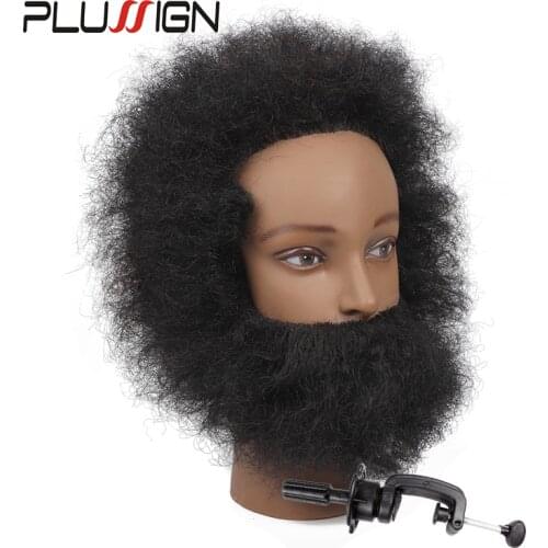 African American Training Head Human Hair Afro Style With Beard Male Mannequin Head For Cutting Practice With Free Table Stand