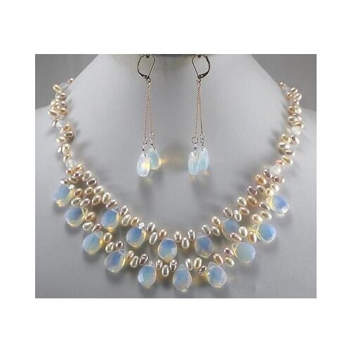 Hot sale Big Sale! Fashion Light Blue Fire Opal and Fresh Water Pearl Necklace Set