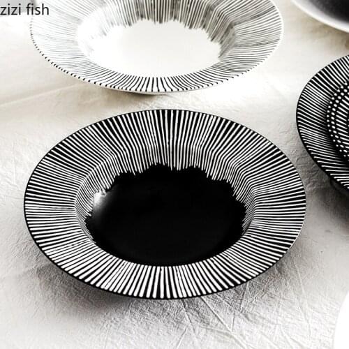 Creative Black and White Striped Ceramic Spaghetti Steak Plate Western Tableware Set Exquisite Breakfast Soup Bowl Kitchen Tools