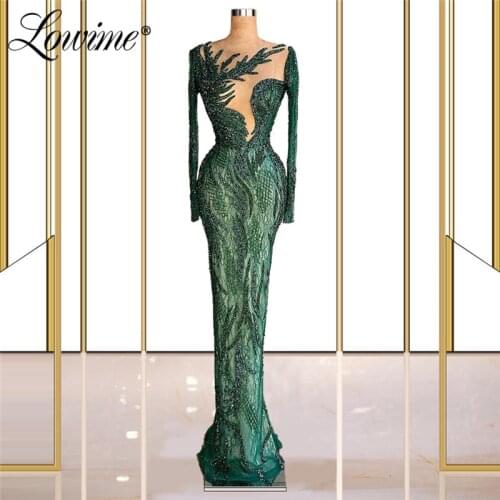 Lowime Green Lace Muslim Evening Dresses Formal Gowns 2021 Plus Size Beading Long Sleeves Middle East Women Party Gowns Robes