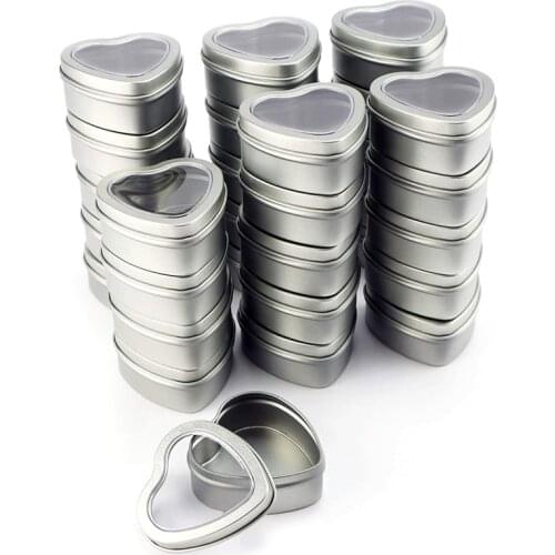 30Pcs Heart Metal Tins,Empty Heart Shaped Silver Metal Tins with Clear Window for Candle Making, Candies