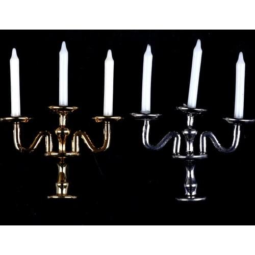 New Dollhouse Miniature Candlesticks Pretend Play 1:12 Scale 3-arm Candelabra White Candles Doll House Accessories Furniture Toy