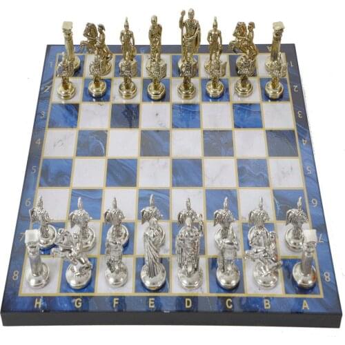 Luxury Metal Chess Set Chrome Plated Roman Chess Pieces Gold Set Blue Chess Board and Figures Luxury Chessboard Game