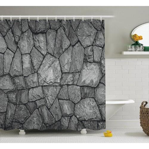 Grey Shower Curtain Stone Wall Texture Rough Rusty Blocks Obsolete Structure Antique Grunge Weathered Bathroom Decor Curtains