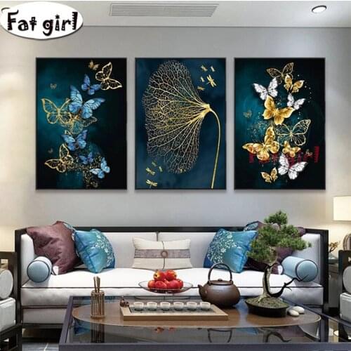 Modern Minimalist Blue Gold Butterfly Picture 3D Diamond Painting Cross Stitch Mosaic Rhinestone Embroidery Living Room Decor