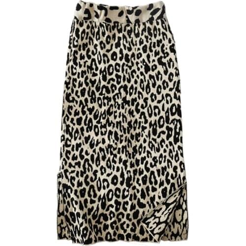 PERHAPS U Women Leopard Skirt Elastic Waist Knitted Midi Skirt Pencil Splited Spring Autumn Sexy Elegant S0222