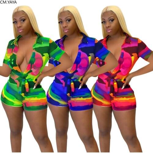 2020 Women Short Jumpsuits Rompers Fitness Playsuits tie-dye Print Short Sleeve Sexy Night Club Party One Piece Outfits GL6199