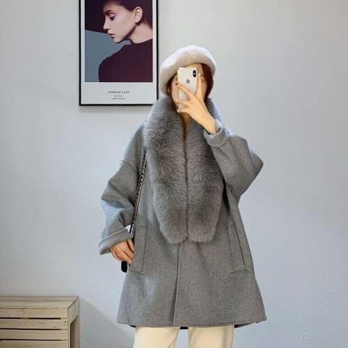2020 Autumn Winter Ladies Wool Coat with Genuine Fox Fur Collar Cashmere Women Long Outerwear