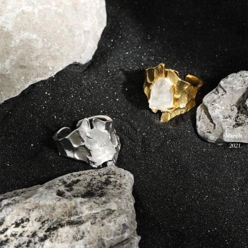 Silvology 925 Sterling Silver Natural White Crystal Wide Rings for Women Handmade Irregular Thick Korea Ring 2021 Luxury Jewelry