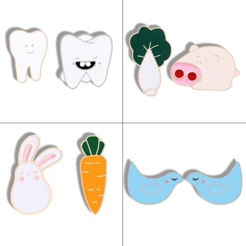 2 piece/Set Tooth Rabbit Carrot Bird Pig Cabbage Brooch Animal Badge Hat Pin For Women Daughter Best Friend Funny Birthday Gift