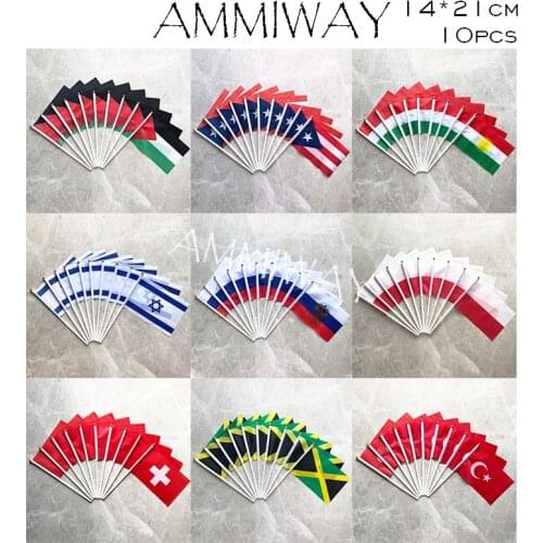 AMMIWAY 14x21cm 10pcs Palestine Puerto Rico Kurdish Israel Russian Federation Poland Switzerland Jamaica Turkey Small Hand Flag