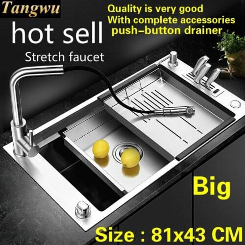 Free shipping Hot sell kitchen manual sink single trough luxury push-button drainer food grade 304 stainless steel big 81x43 CM